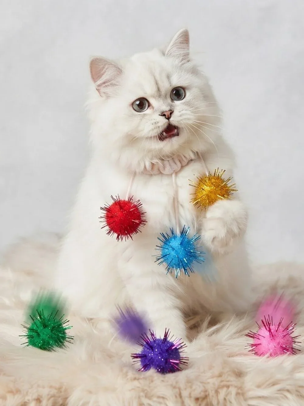 Lot of 6‎ Tiny Cat Puffs Furry Cat Toys